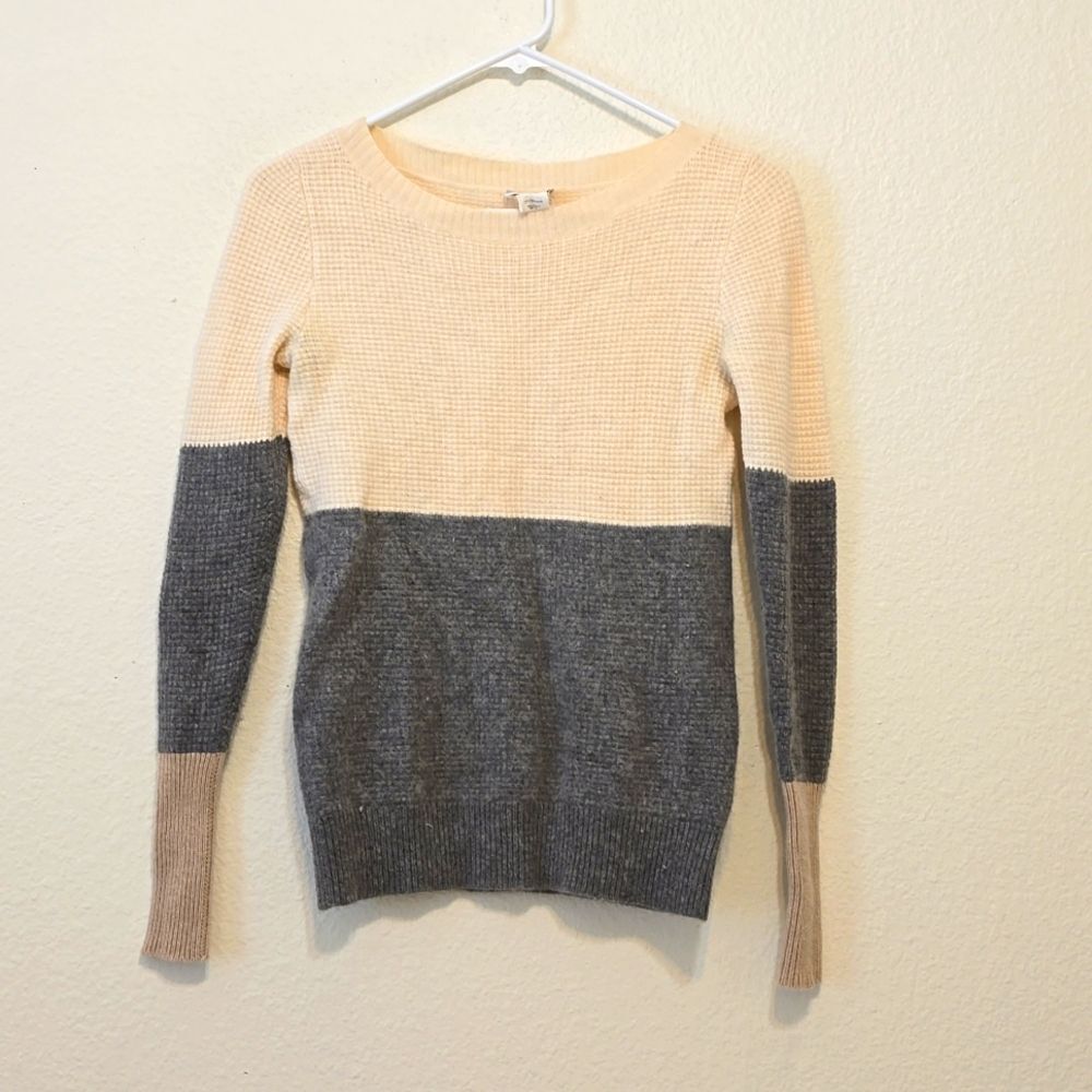 J.Crew 100% Cashmere Sweater Size xs‎ Waffle Knit Ivory Gray Colorblock Pullover